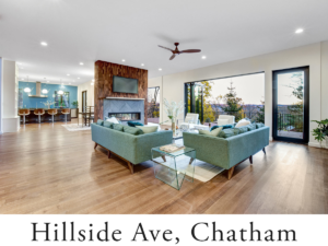 Hillside Ave, Chatham text below the property's contemporary open concept living area