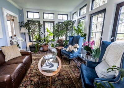 The colorful sun room, featuring a plethora of windows, large plants, two deep blue chairs opposite a small brown leather couch, with a small glass table in the middle. There is a cute dog sitting on the farther chair, looking out the window.